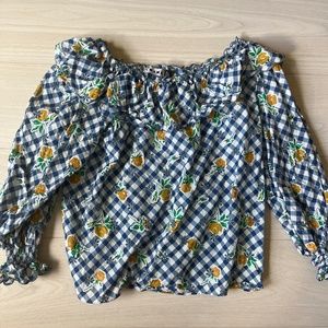 Rixo Off Shoulder Blue Checkered / Peach Flowy Blouse